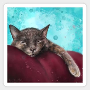 Painting of a Gray Cat Sleeping on a Red Couch on Blue Background Sticker